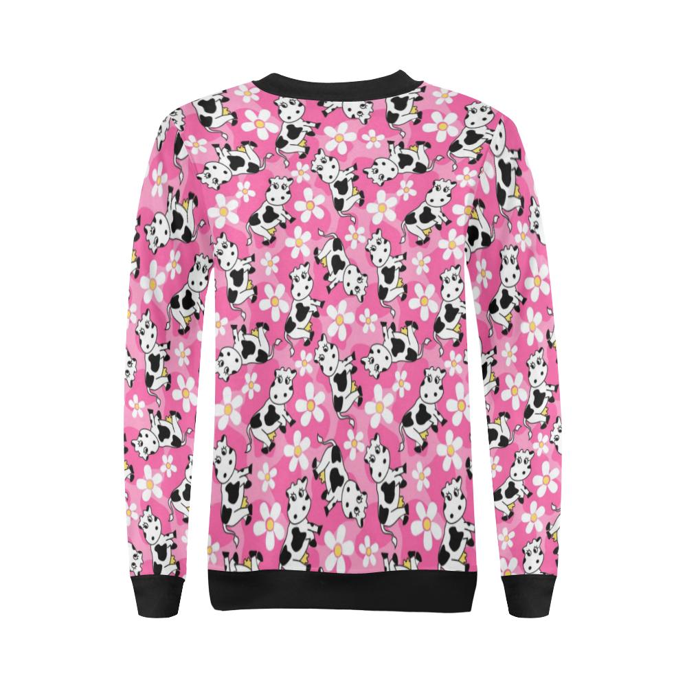 Pink Cartoon Cow Pattern Print Women Crewneck Sweatshirt-grizzshop