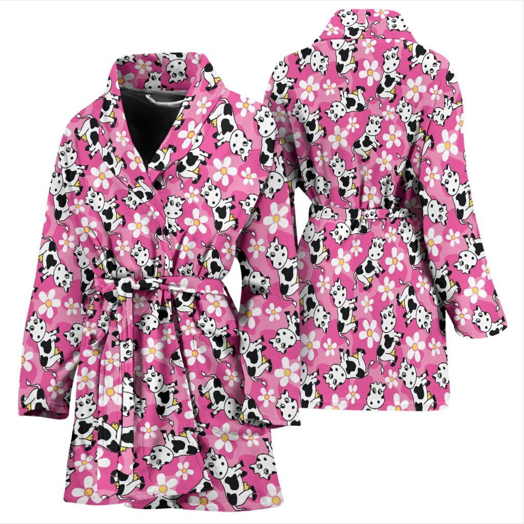 Pink Cartoon Cow Pattern Print Women Long Robe-grizzshop