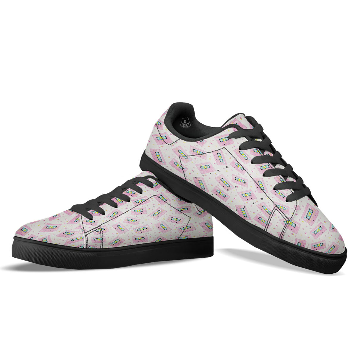 Pink Cassette Tape White Print Pattern Black Low Top Sneakers-grizzshop