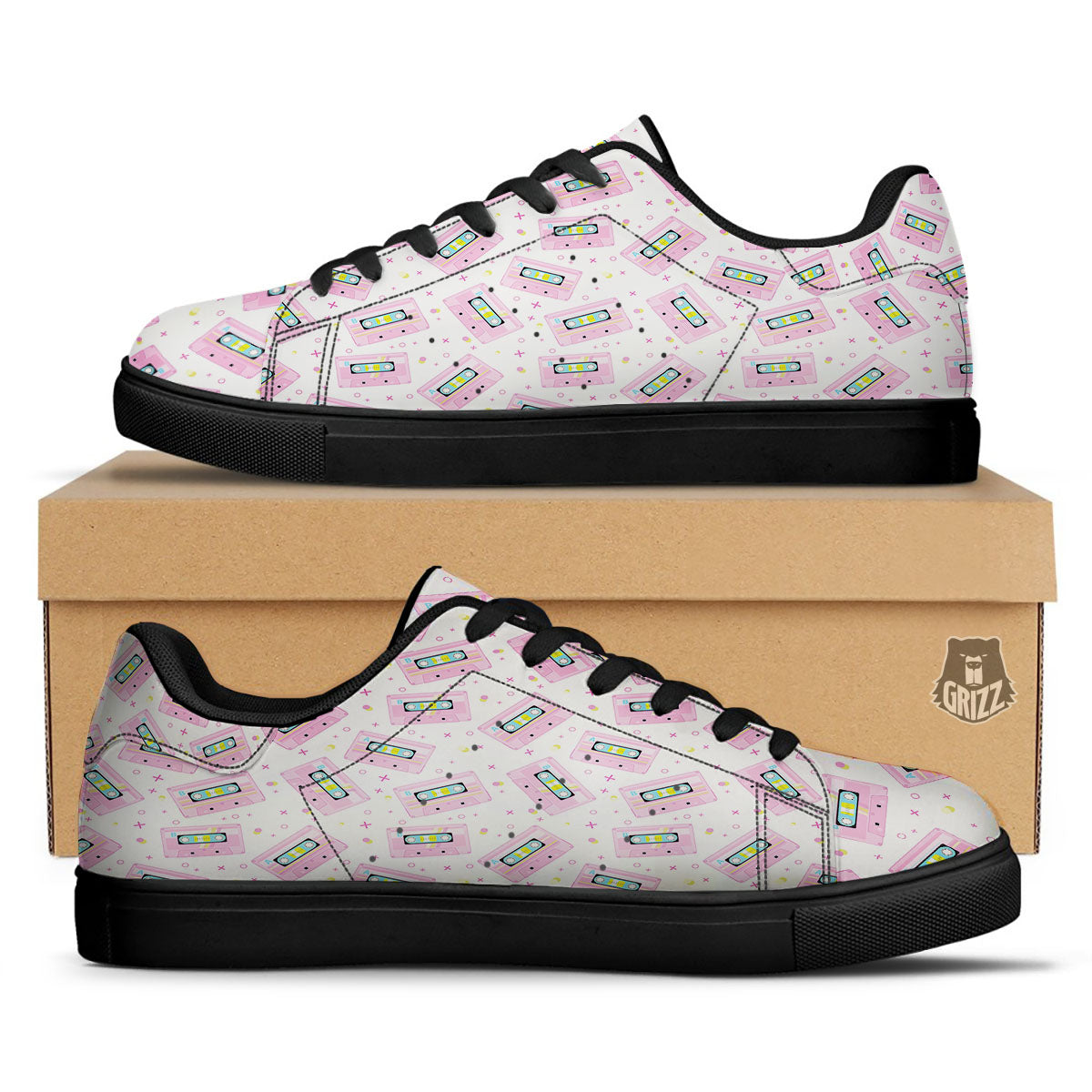 Pink Cassette Tape White Print Pattern Black Low Top Sneakers-grizzshop