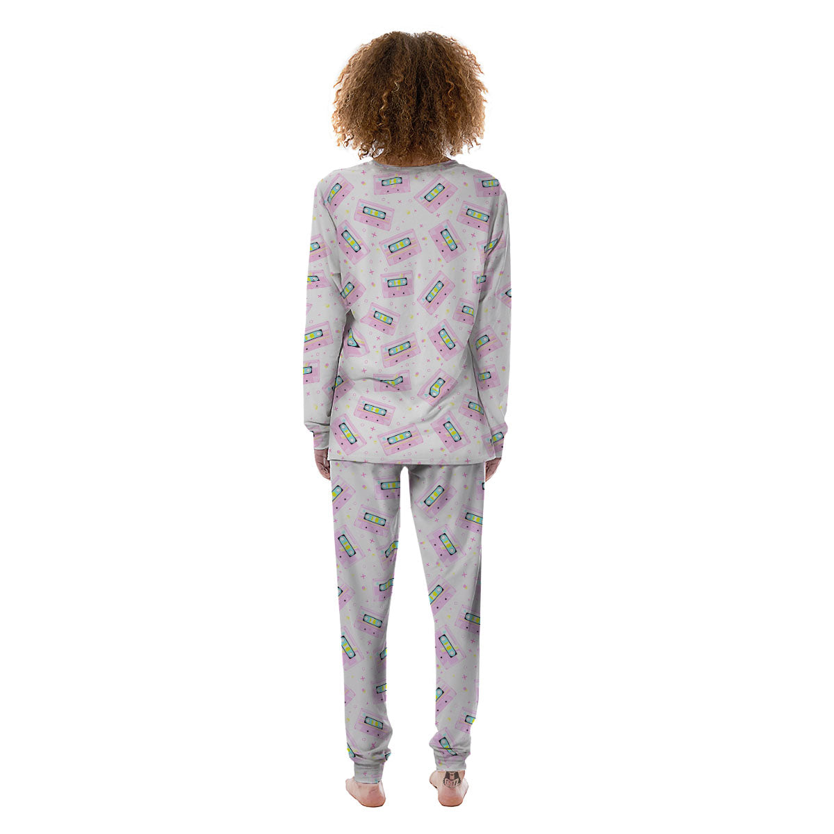Pink Cassette Tape White Print Pattern Women's Pajamas-grizzshop