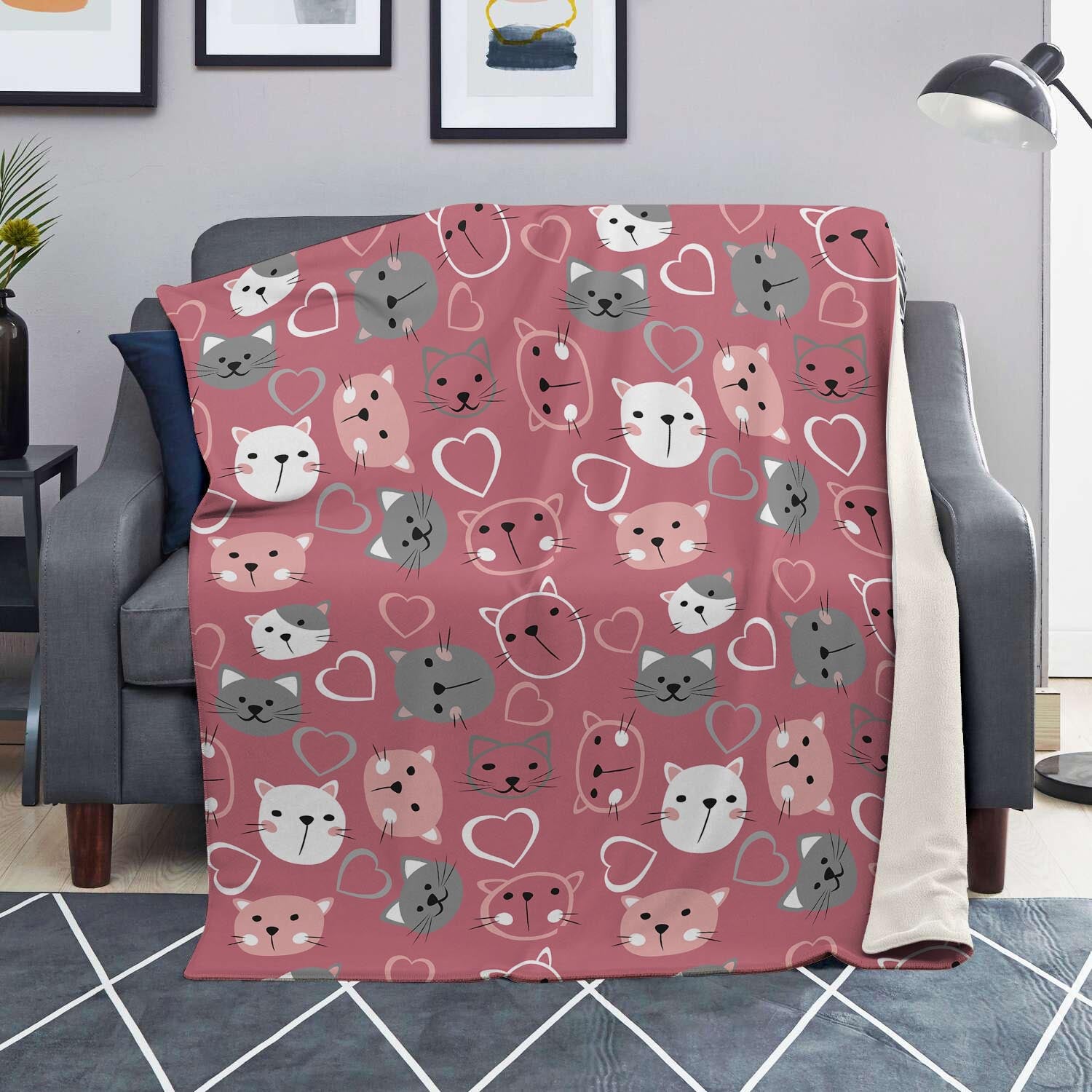 Pink Cat Face Print Blanket-grizzshop