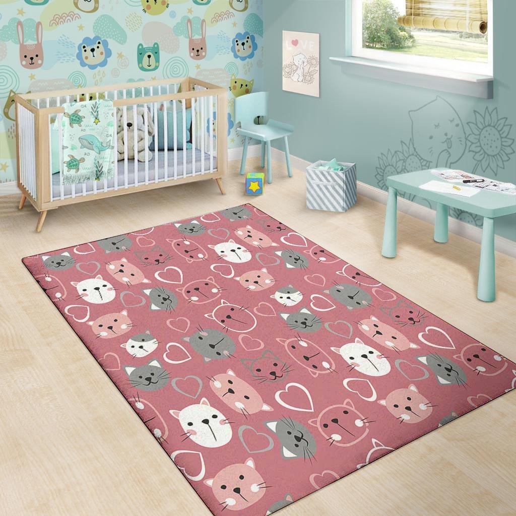 Pink Cat Face Print Floor Mat-grizzshop