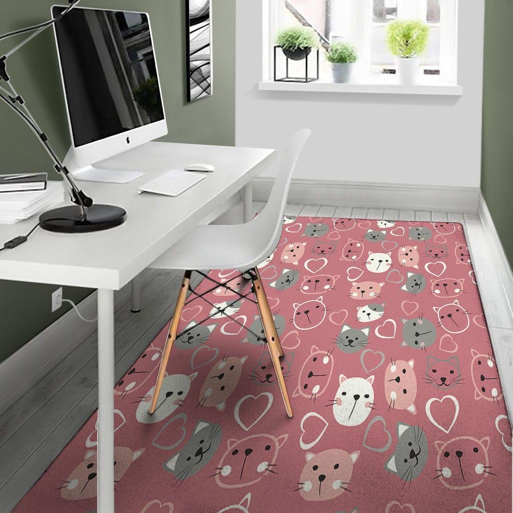 Pink Cat Face Print Floor Mat-grizzshop