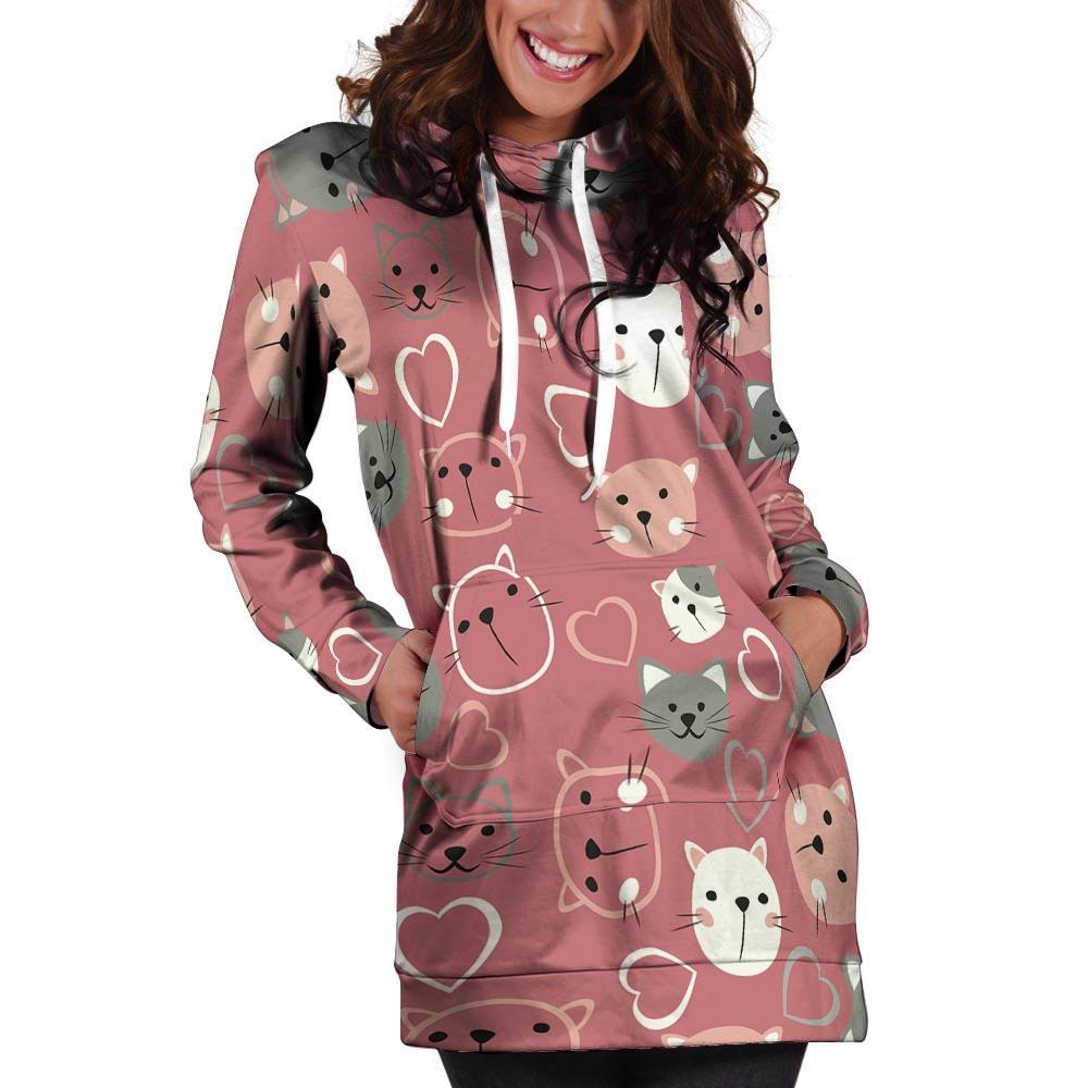 Pink Cat Face Print Hoodie Dress-grizzshop
