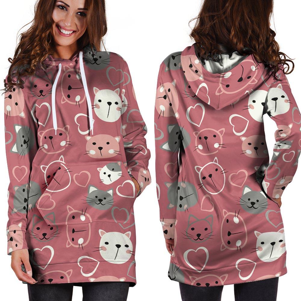 Pink Cat Face Print Hoodie Dress-grizzshop