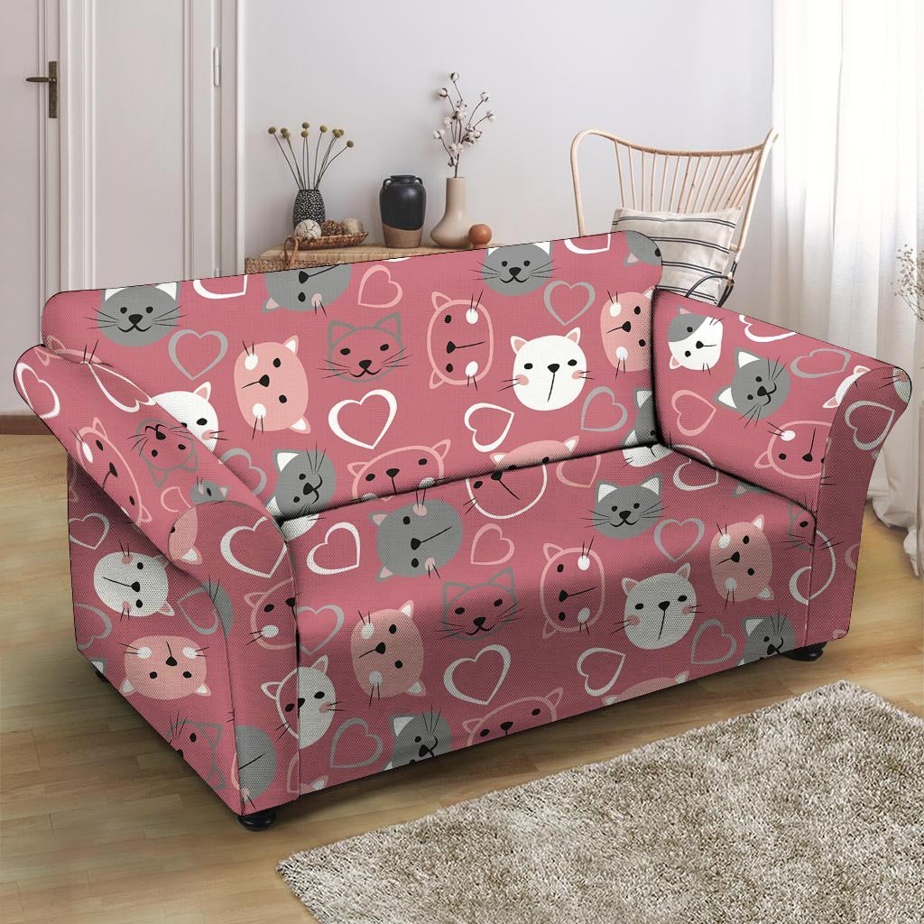 Pink Cat Face Print Loveseat Cover-grizzshop