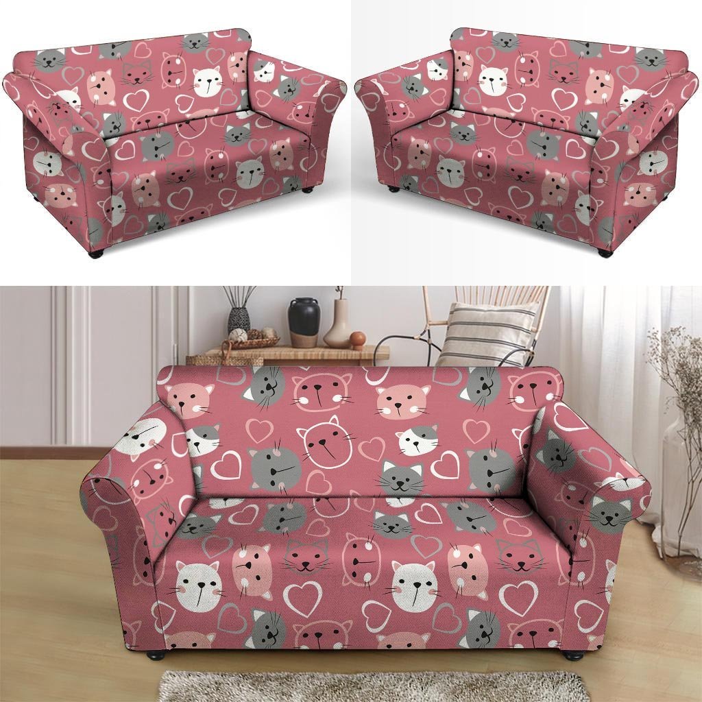 Pink Cat Face Print Loveseat Cover-grizzshop