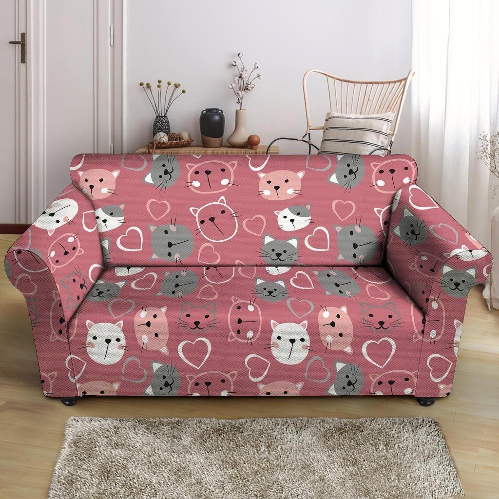 Pink Cat Face Print Loveseat Cover-grizzshop