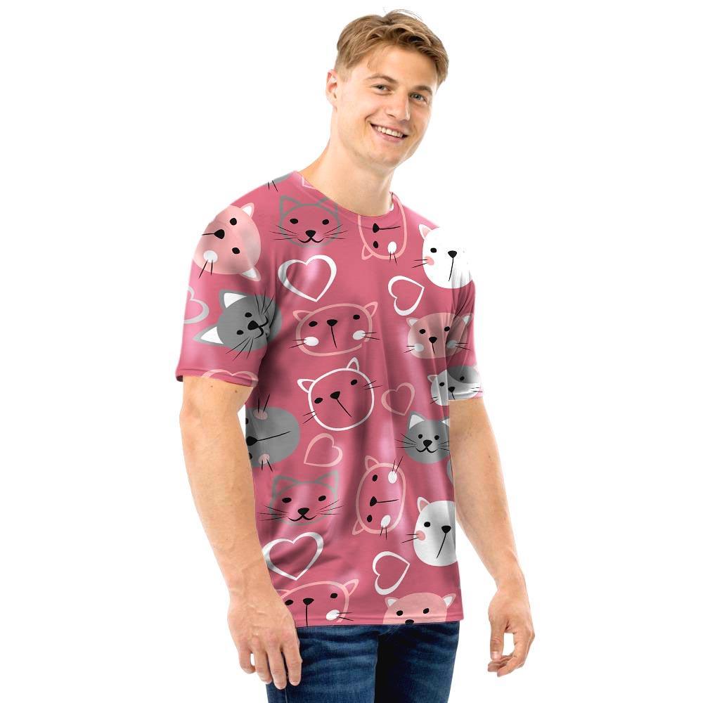 Pink Cat Face Print Men T Shirt-grizzshop