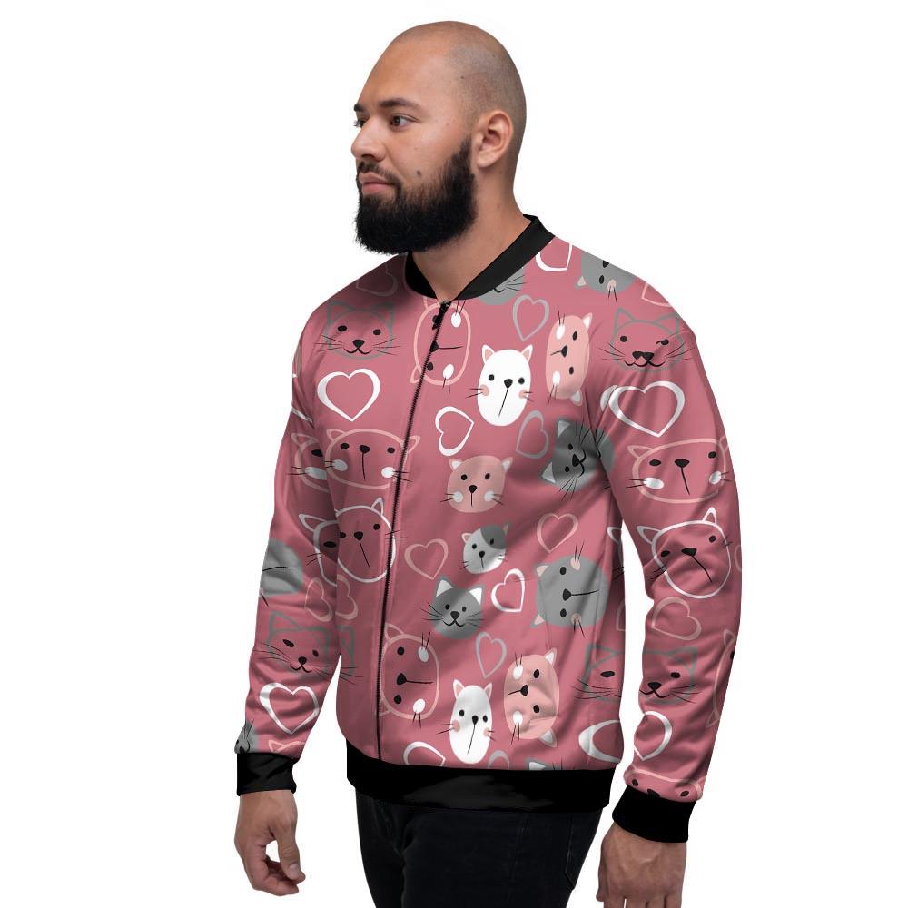 Pink Cat Face Print Men's Bomber Jacket-grizzshop