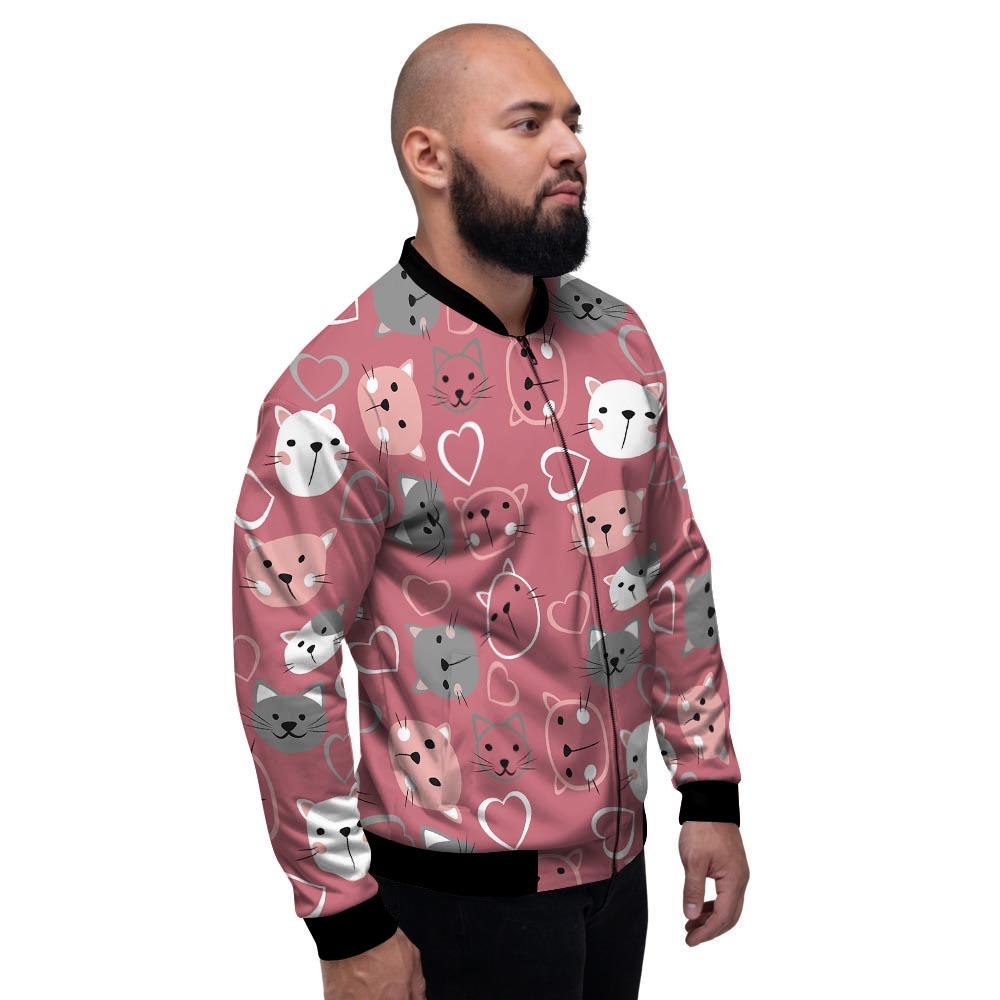 Pink Cat Face Print Men's Bomber Jacket-grizzshop