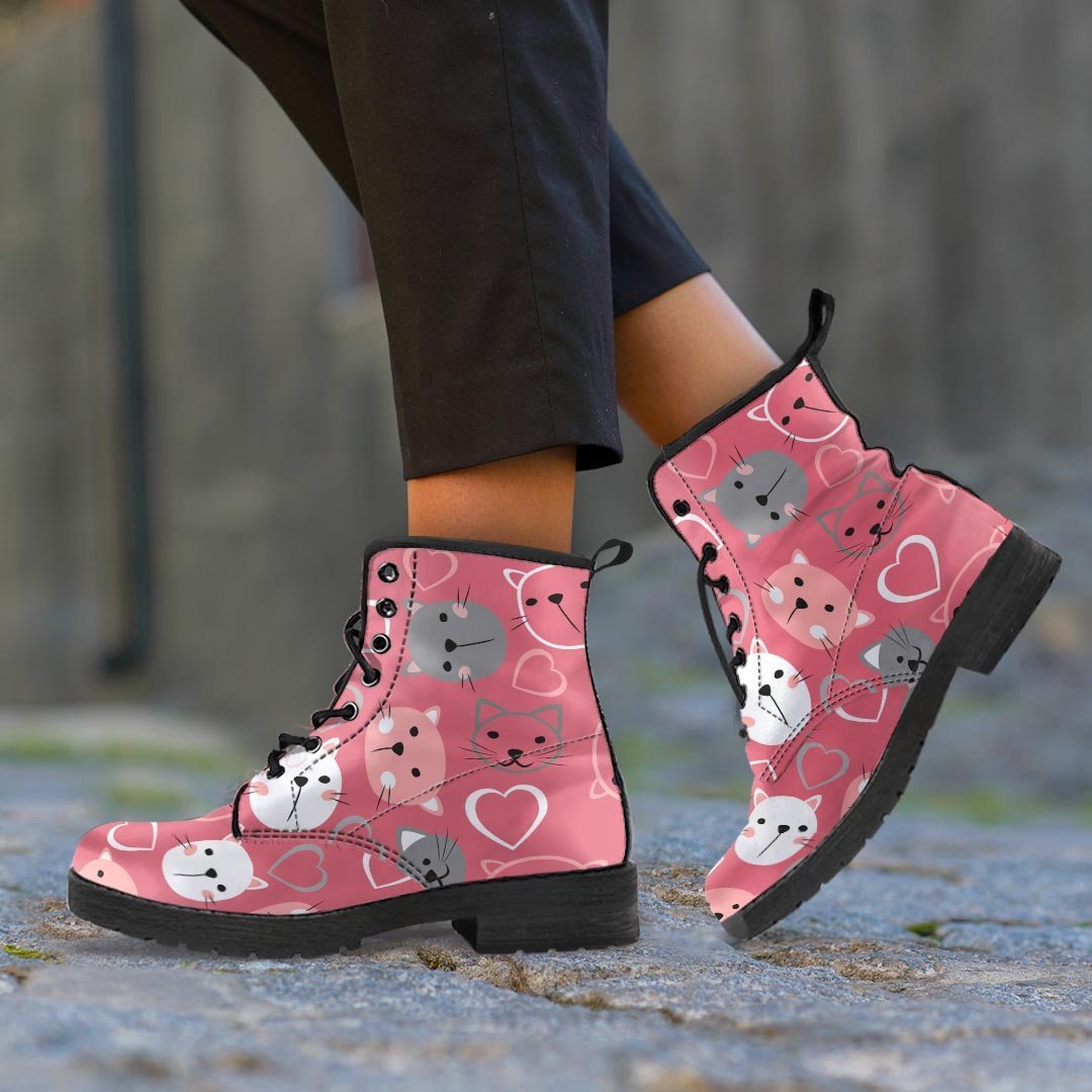 Pink Cat Face Print Men's Boots-grizzshop