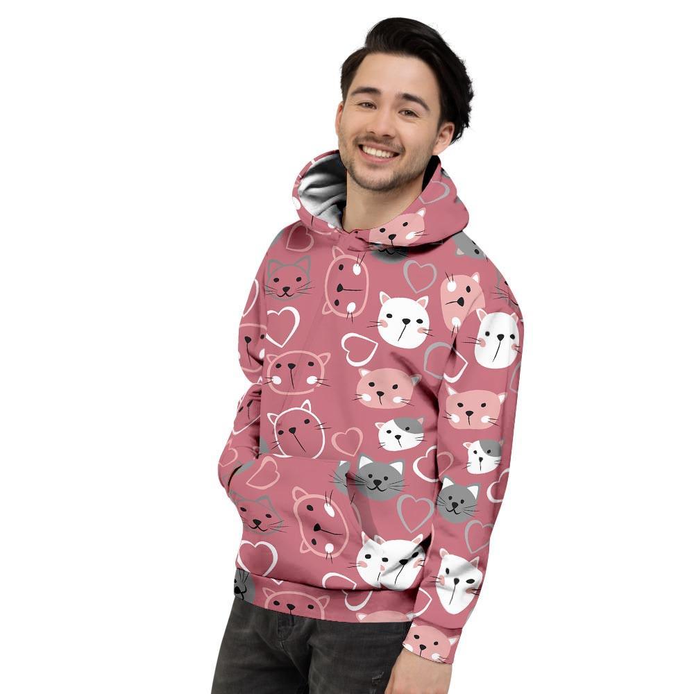 Pink Cat Face Print Men's Hoodie-grizzshop