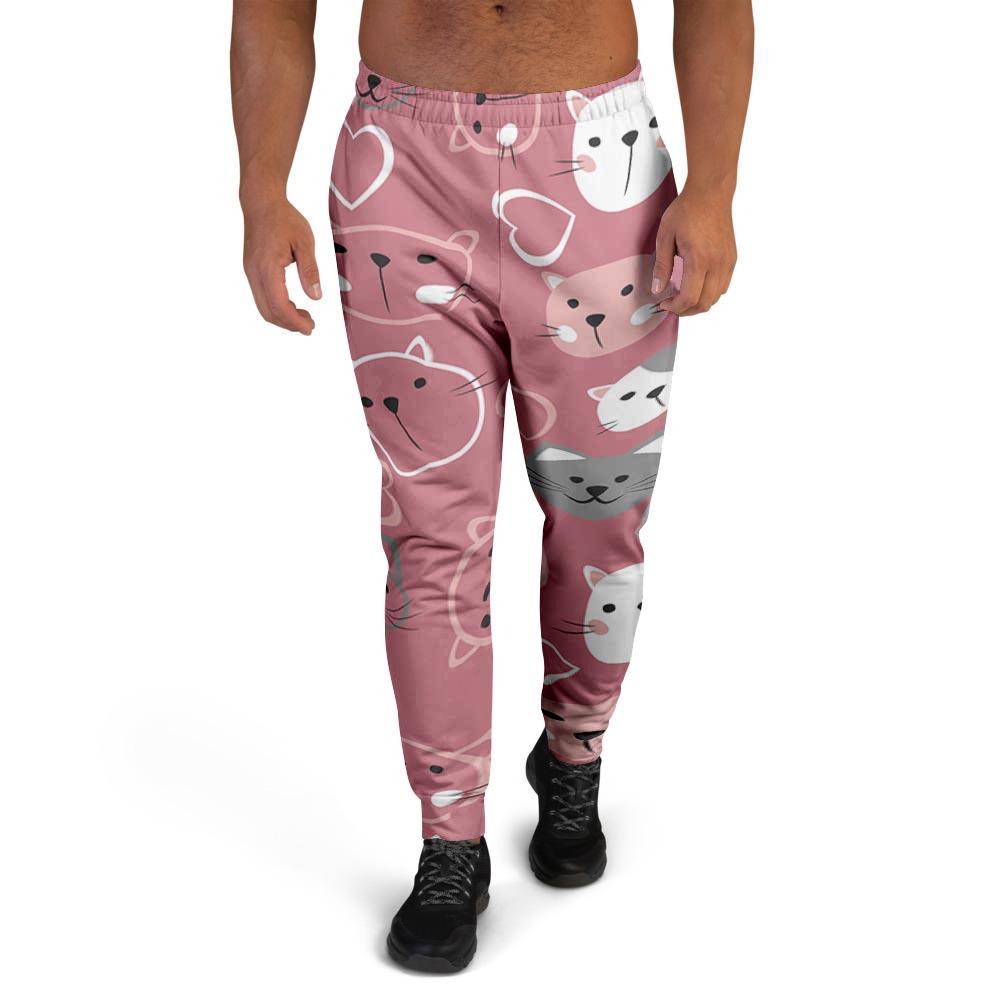 Pink Cat Face Print Men's Joggers-grizzshop
