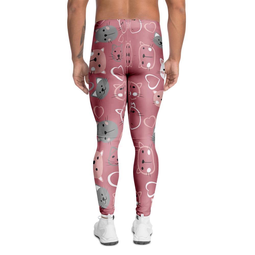 Pink Cat Face Print Men's Leggings-grizzshop