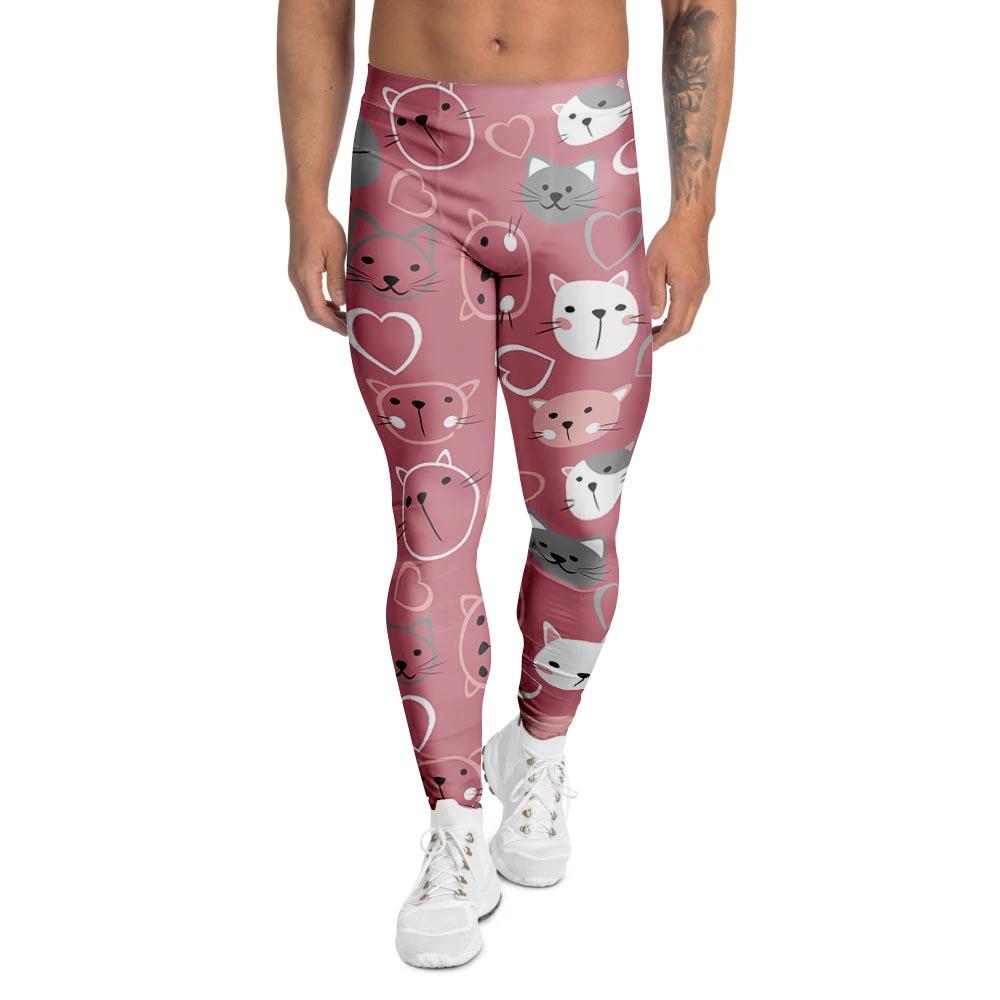 Pink Cat Face Print Men's Leggings-grizzshop