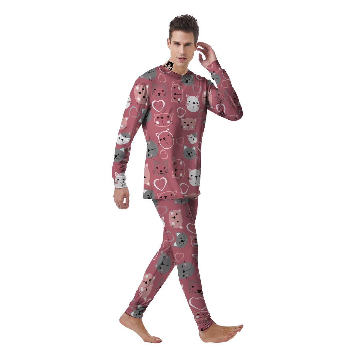 Pink Cat Face Print Men's Pajamas-grizzshop