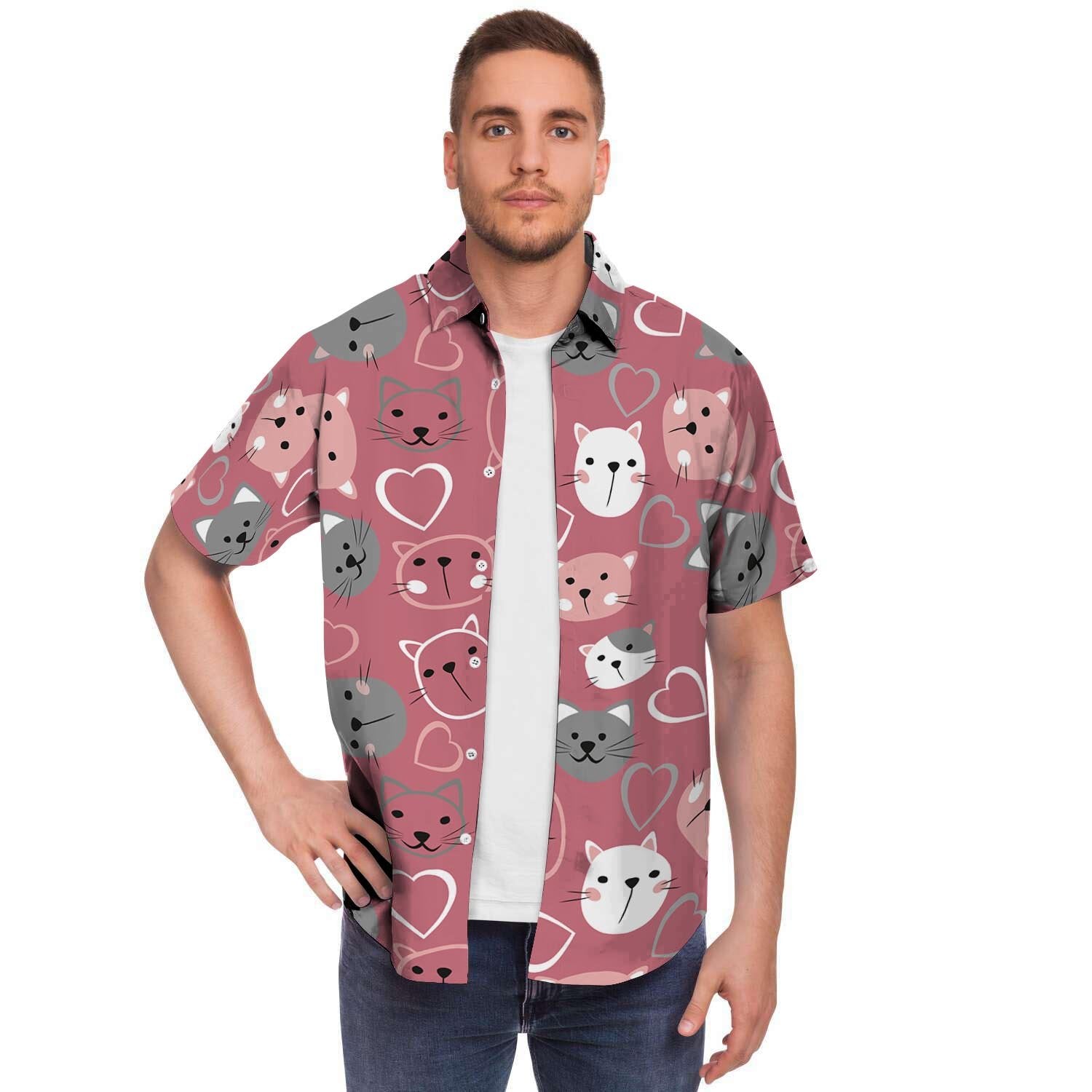 Pink Cat Face Print Men's Short Sleeve Shirt-grizzshop