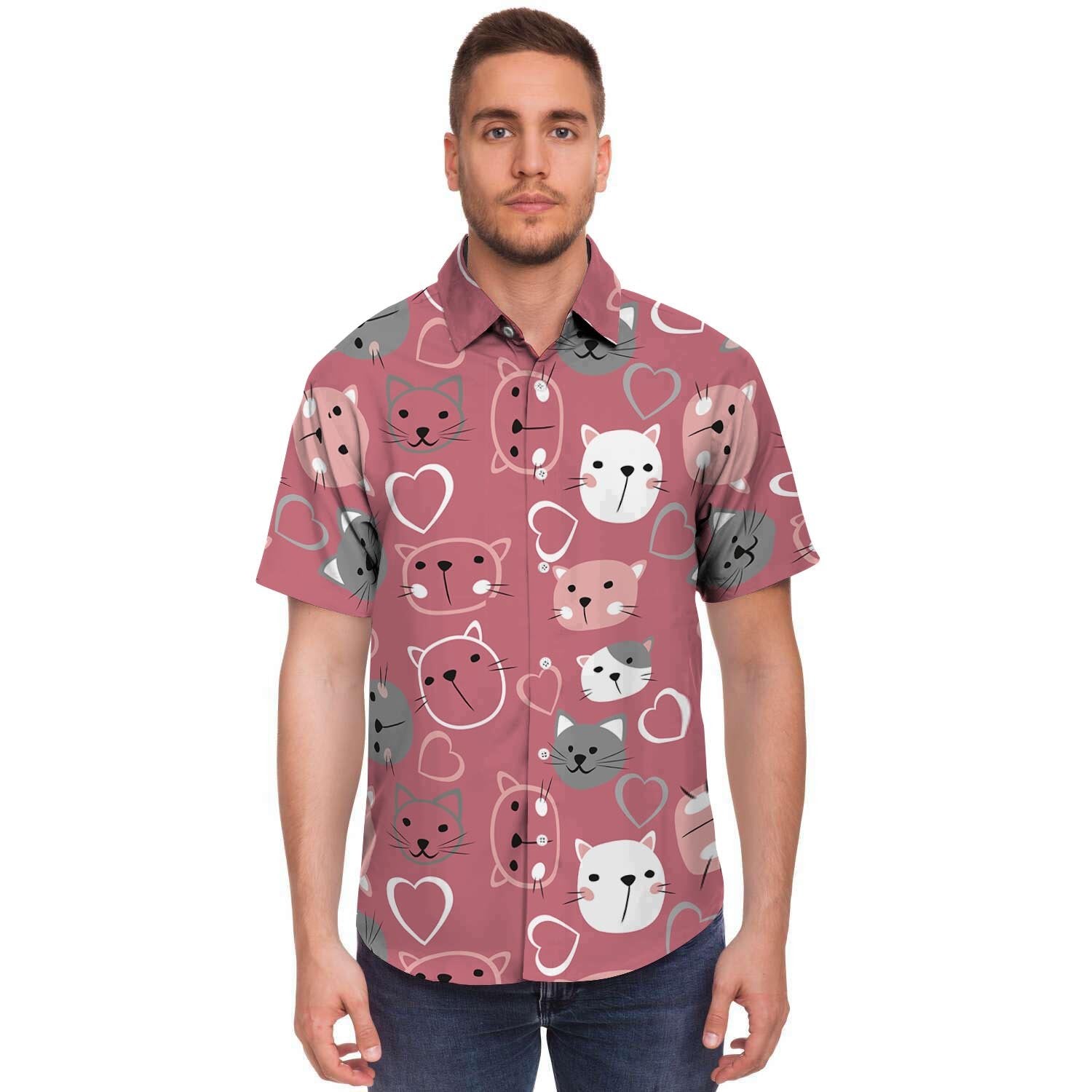 Pink Cat Face Print Men's Short Sleeve Shirt-grizzshop