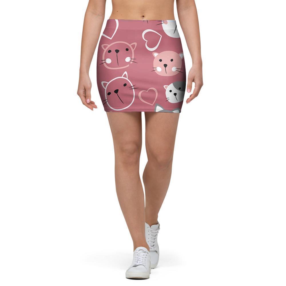 Pink Cat Face Print Mini Skirt-grizzshop