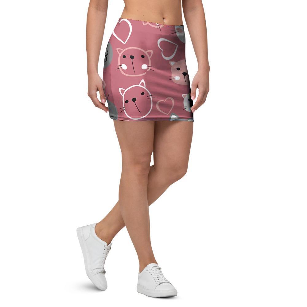 Pink Cat Face Print Mini Skirt-grizzshop