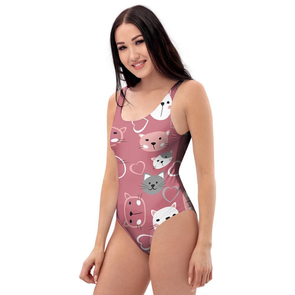 Pink Cat Face Print One Piece Swimsuite-grizzshop