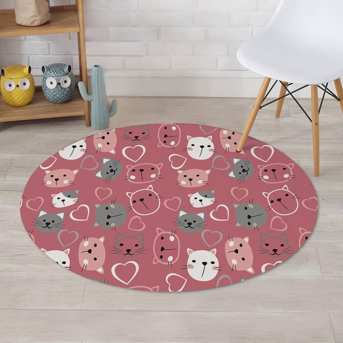 Pink Cat Face Print Round Rug-grizzshop