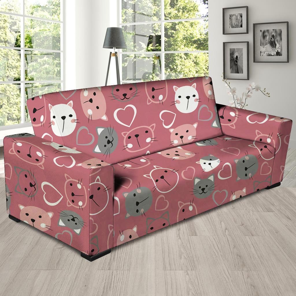 Pink Cat Face Print Sofa Cover-grizzshop