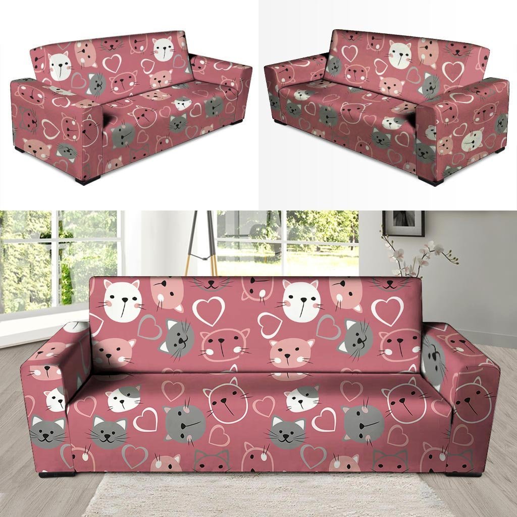 Pink Cat Face Print Sofa Cover-grizzshop