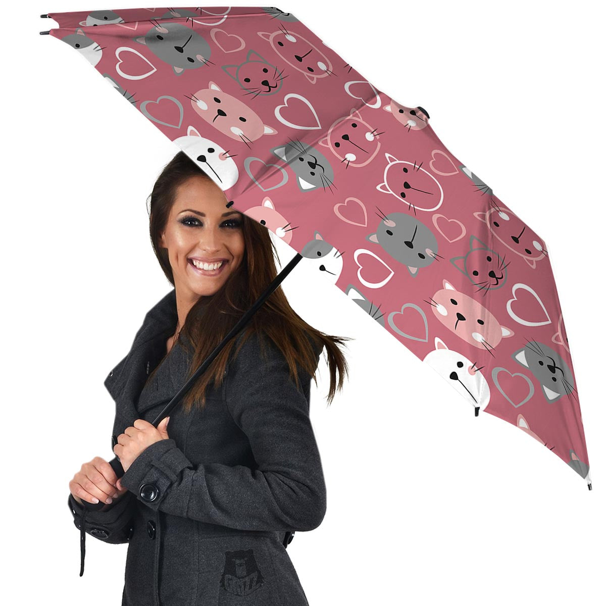 Pink Cat Face Print Umbrella-grizzshop