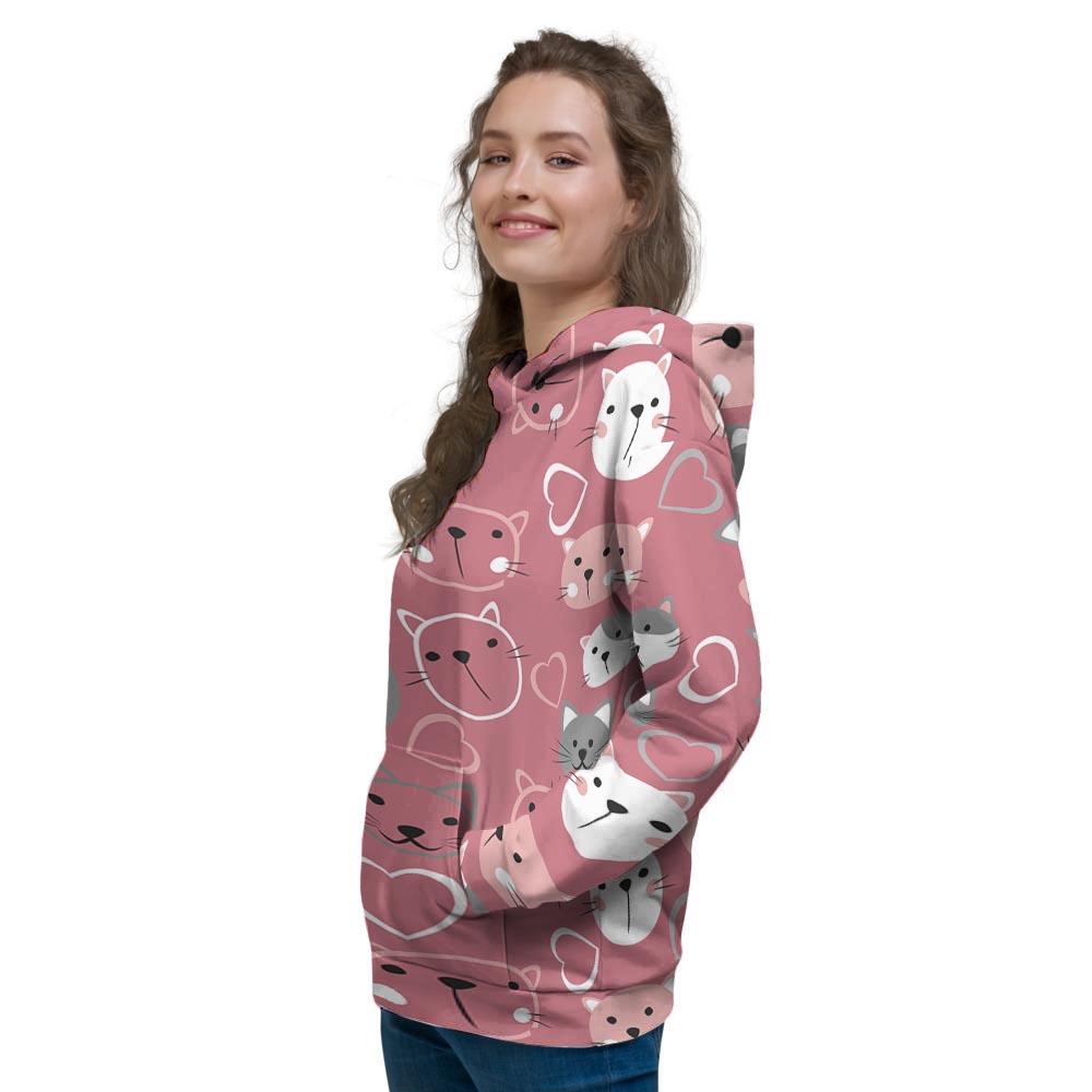 Pink Cat Face Print Women's Hoodie-grizzshop