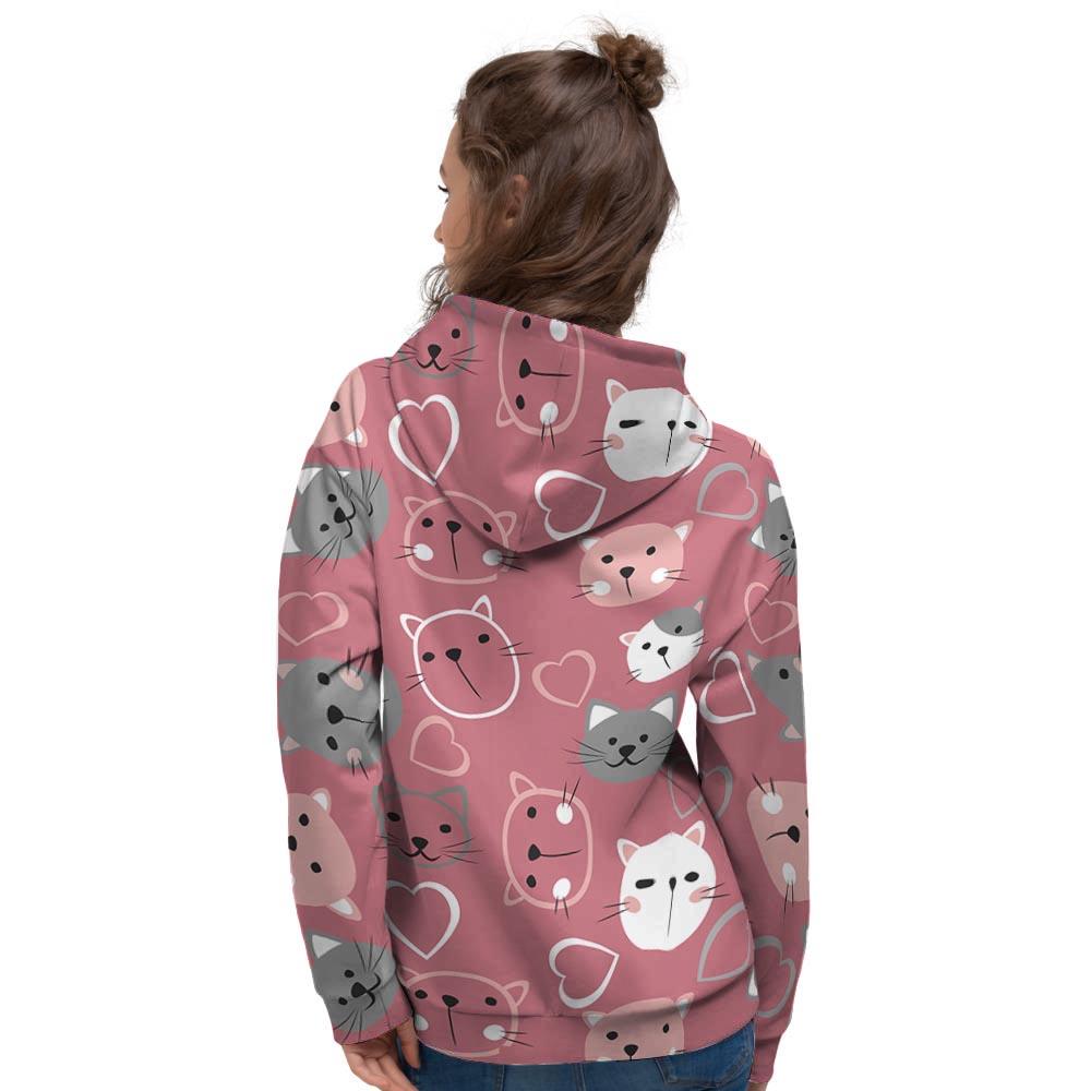 Pink Cat Face Print Women's Hoodie-grizzshop