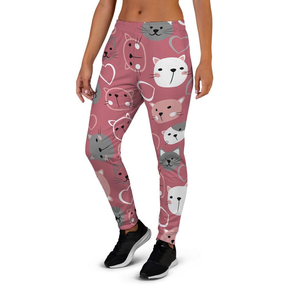 Pink Cat Face Print Women's Joggers-grizzshop