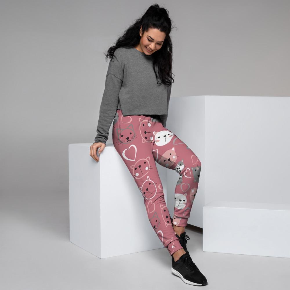 Pink Cat Face Print Women's Joggers-grizzshop