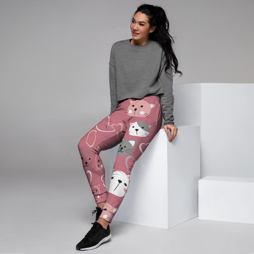 Pink Cat Face Print Women's Joggers-grizzshop