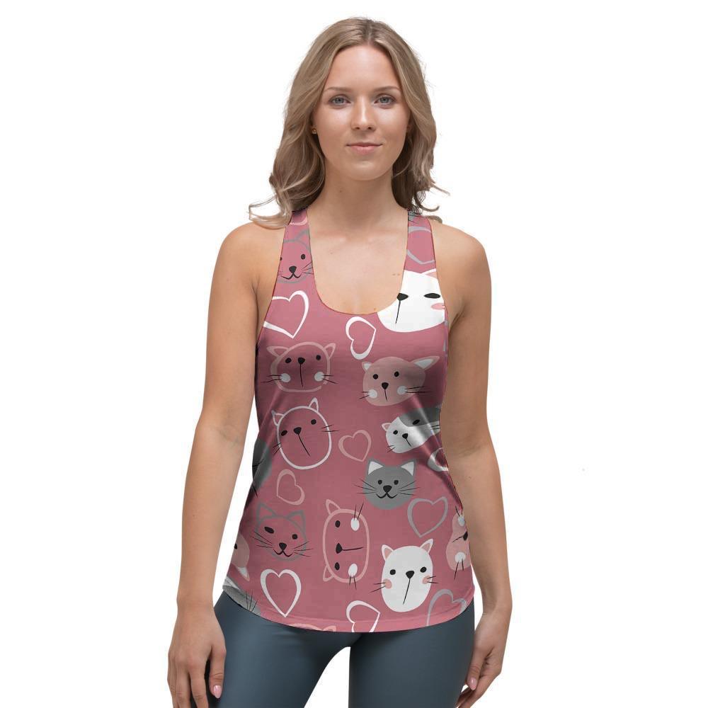Pink Cat Face Print Women's Racerback Tank Top-grizzshop