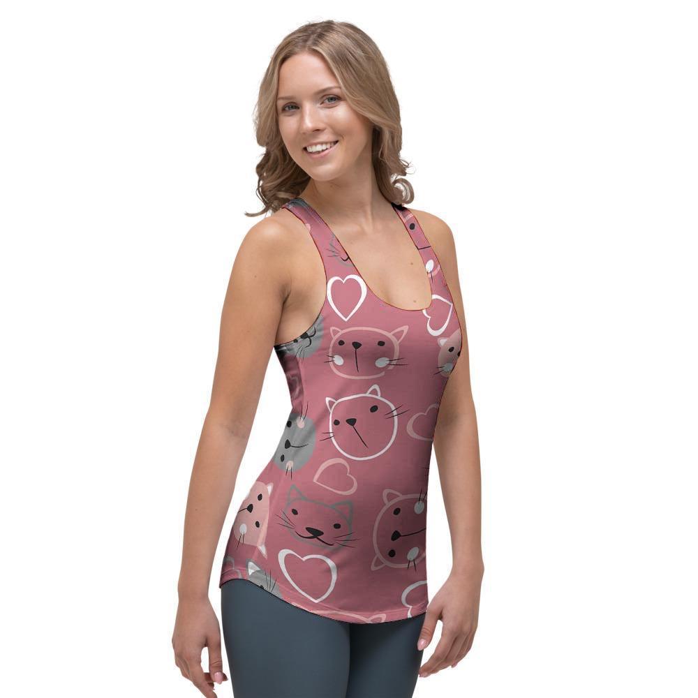 Pink Cat Face Print Women's Racerback Tank Top-grizzshop