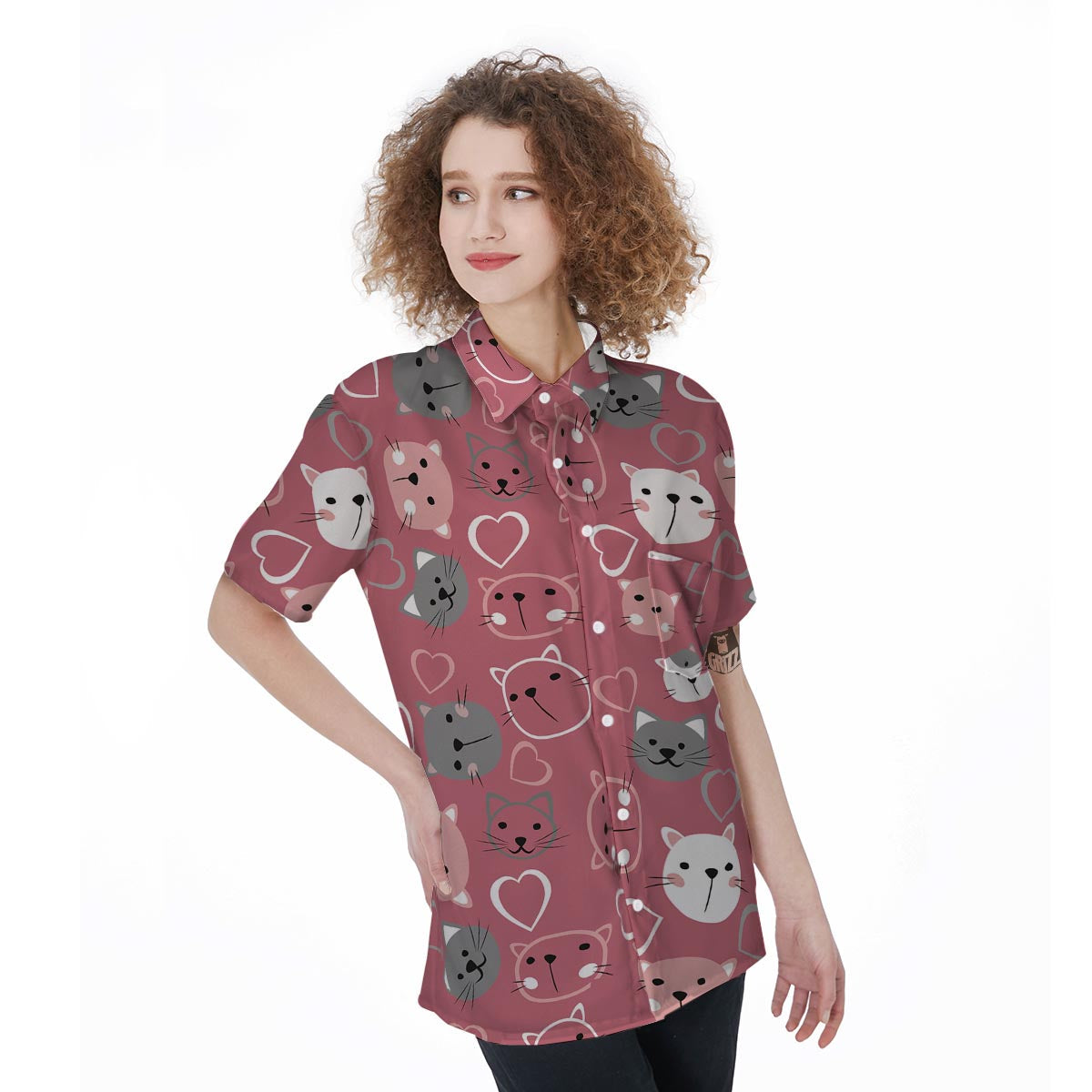 Pink Cat Face Print Women's Short Sleeve Shirts-grizzshop