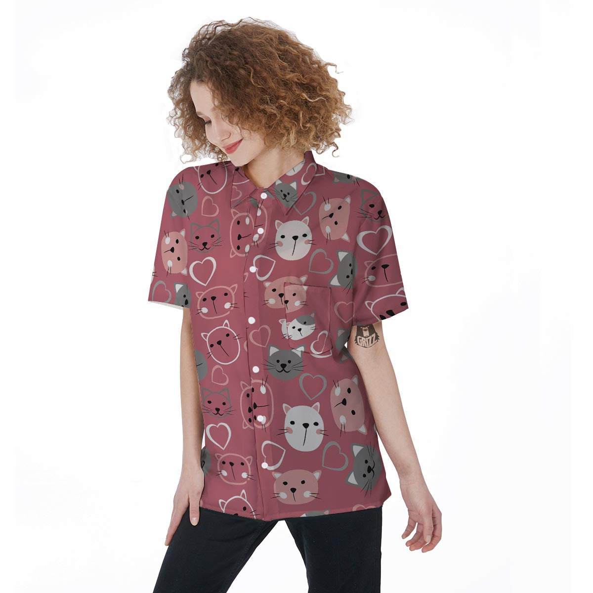 Pink Cat Face Print Women's Short Sleeve Shirts-grizzshop