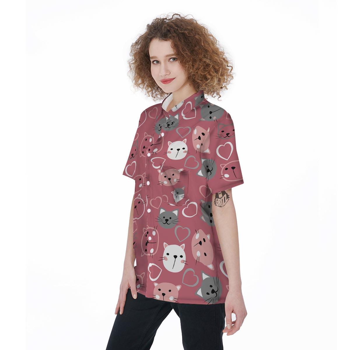 Pink Cat Face Print Women's Short Sleeve Shirts-grizzshop