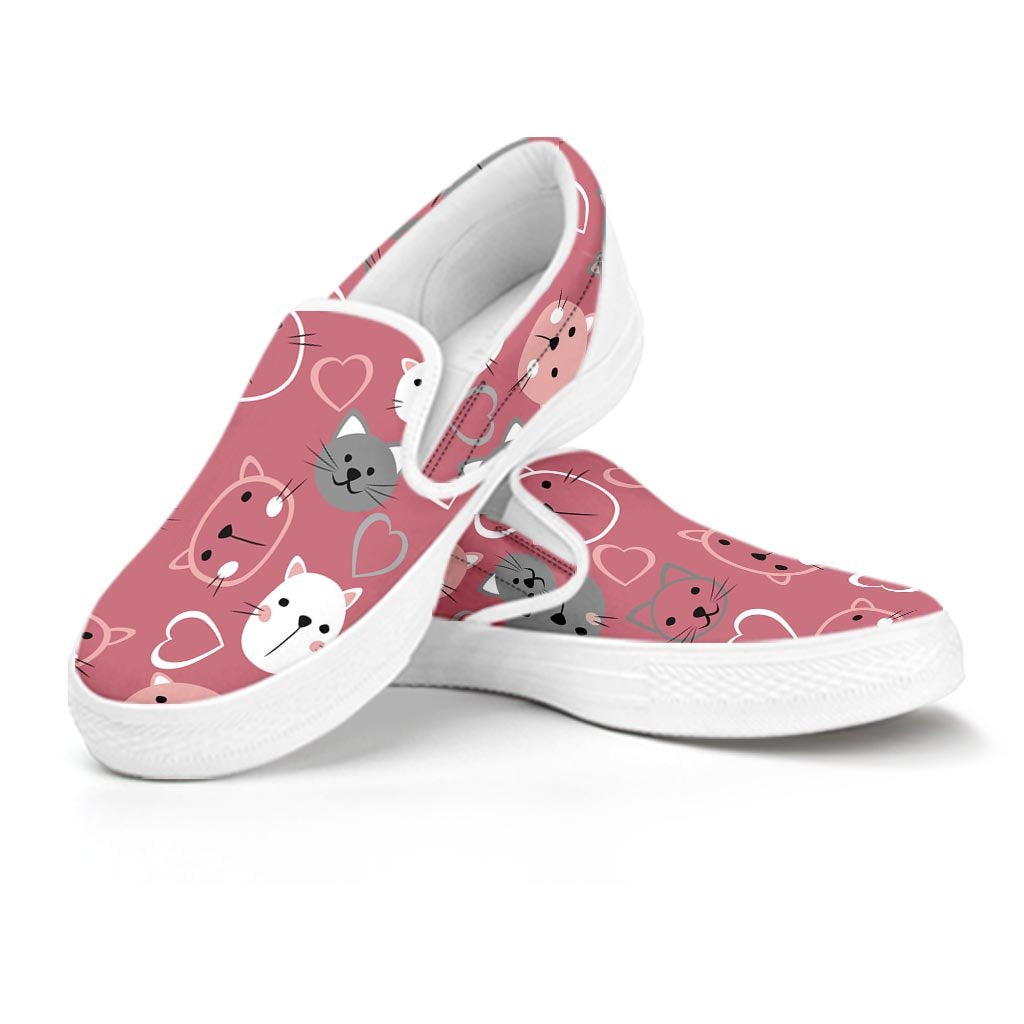 Pink Cat Face Print Women's Slip On Sneakers-grizzshop