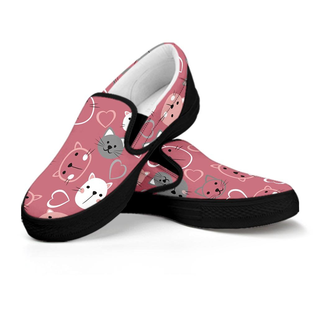 Pink Cat Face Print Women's Slip On Sneakers-grizzshop