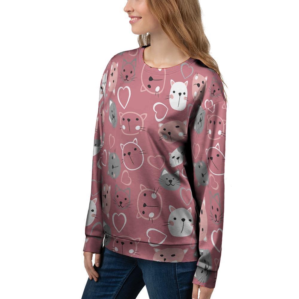 Pink Cat Face Print Women's Sweatshirt-grizzshop