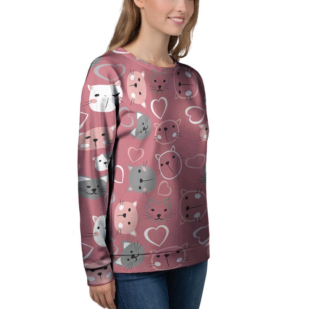 Pink Cat Face Print Women's Sweatshirt-grizzshop