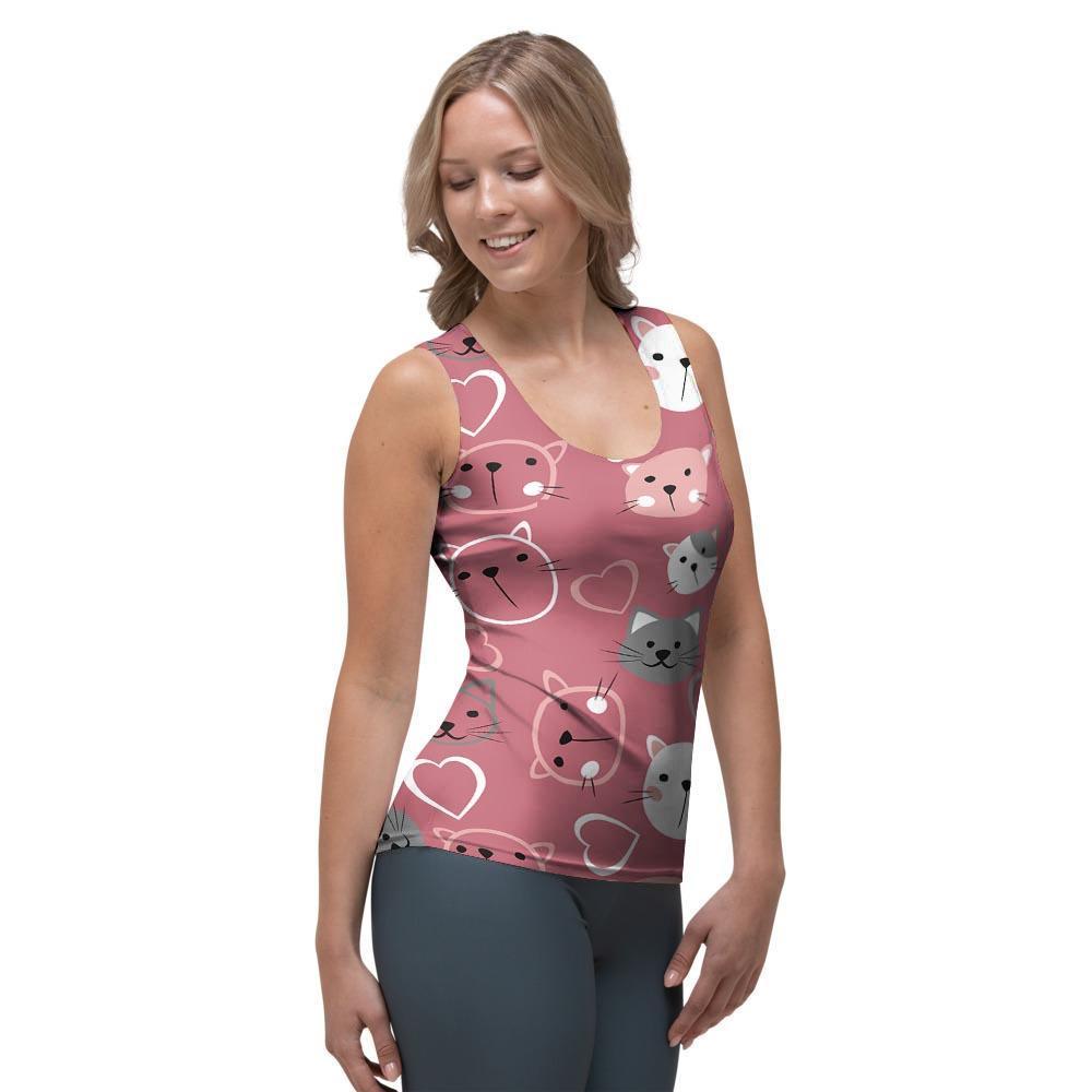 Pink Cat Face Print Women's Tank Top-grizzshop