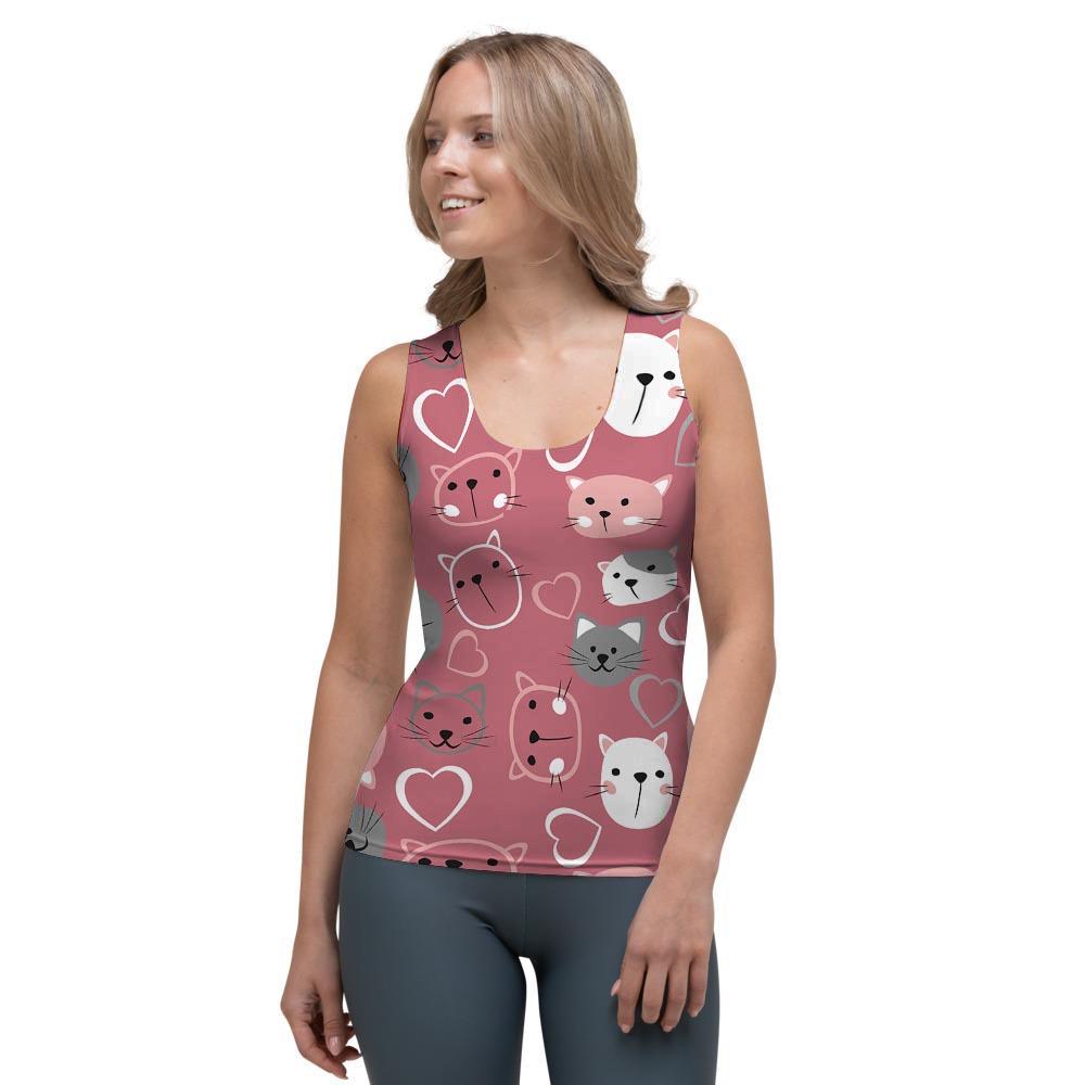 Pink Cat Face Print Women's Tank Top-grizzshop