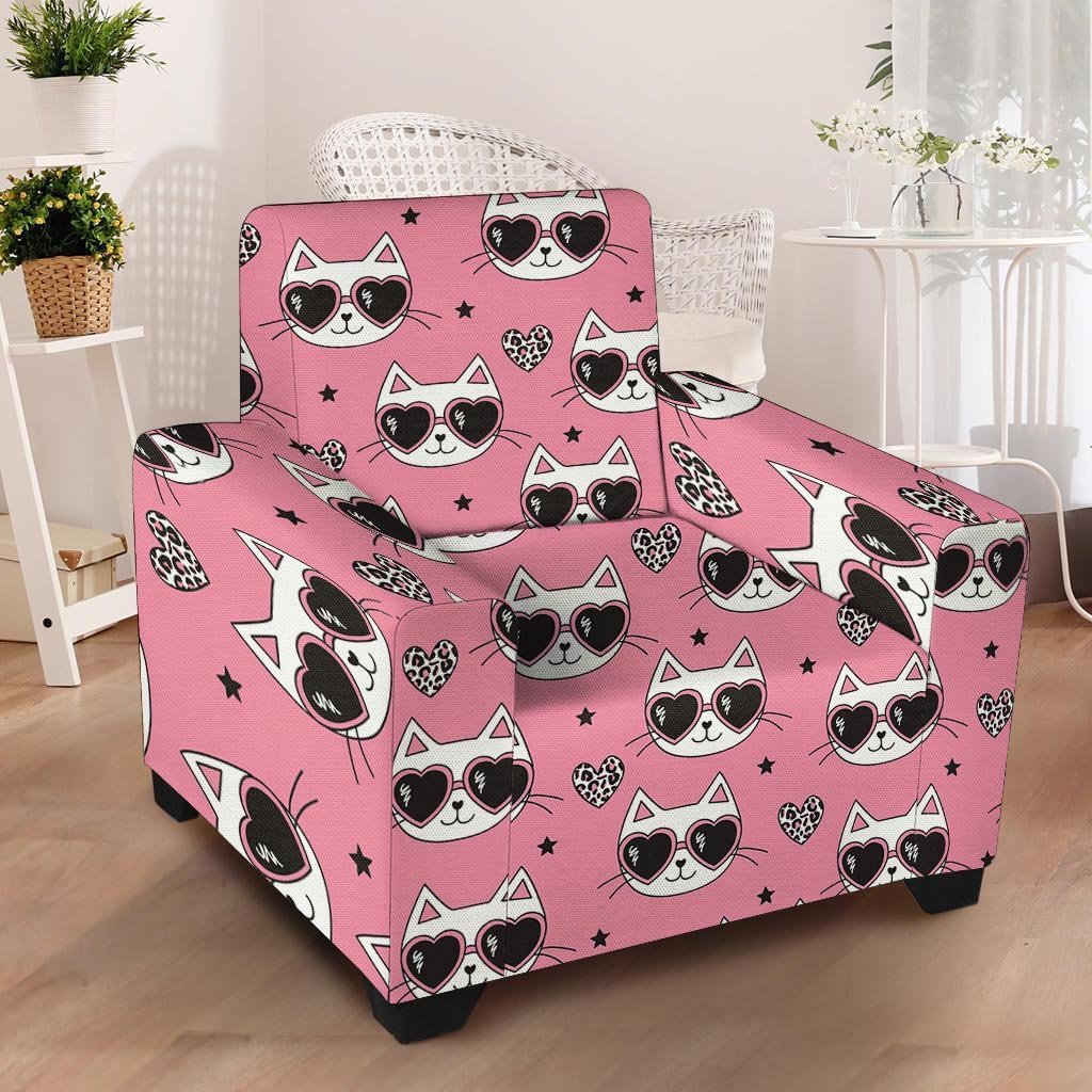 Pink Cat Print Armchair Cover-grizzshop