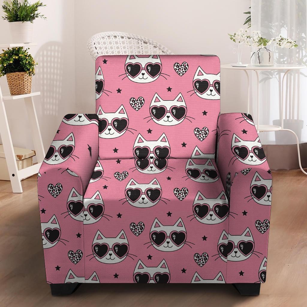 Pink Cat Print Armchair Cover-grizzshop