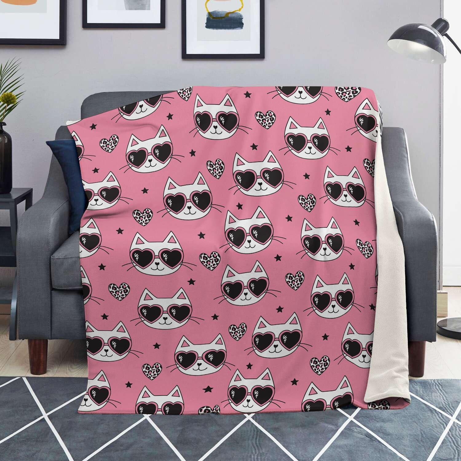 Pink Cat Print Blanket-grizzshop